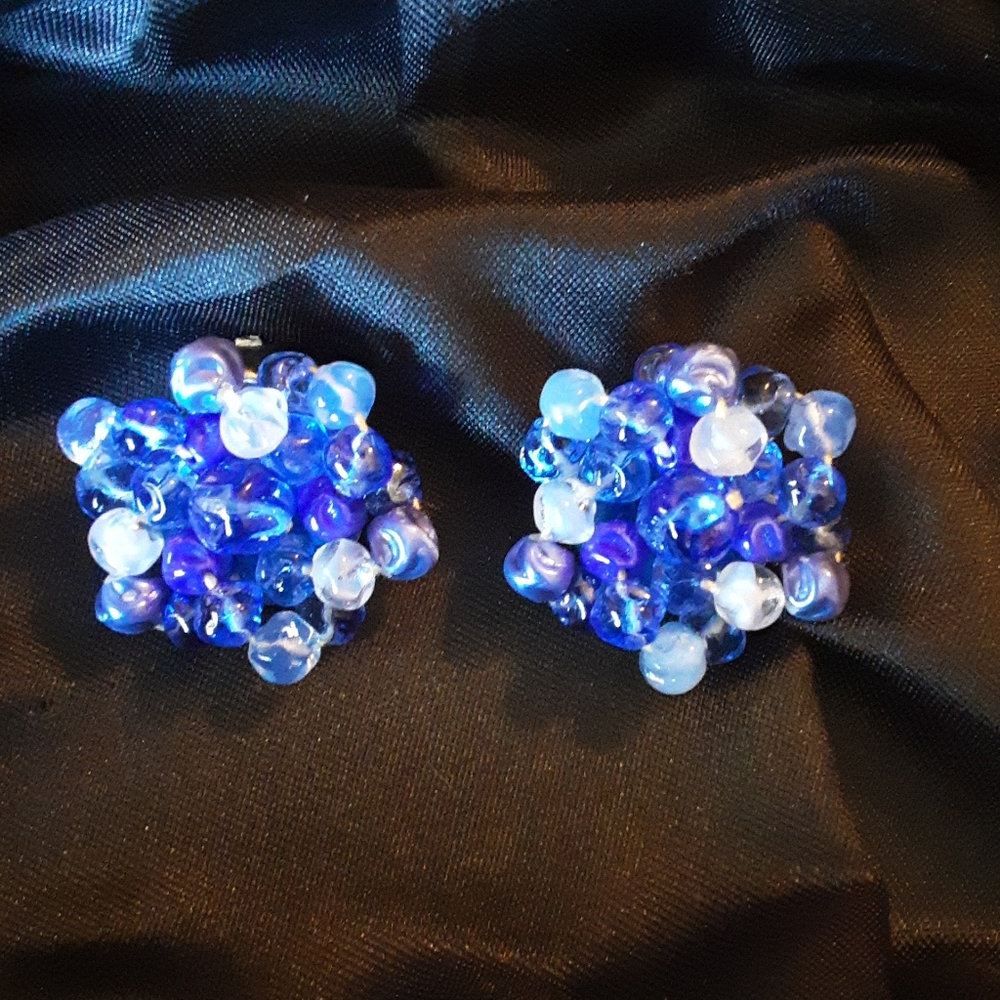 Vintage German Blue Glass Cluster Clip-on Earrings